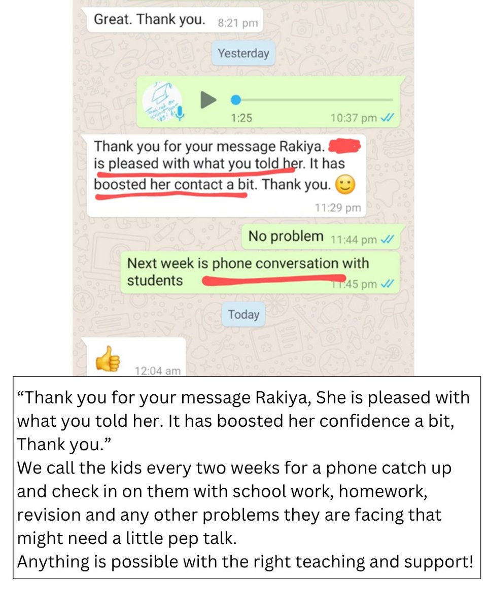 MathProbSolving's tweet photo. “Thank you for your message Rakiya, She is pleased with what you told her. It has boosted her confidence a bit, Thank you.”

We call every two weeks for a phone catch up and check in on them with school work, any other problems they are facing that might need a little pep talk. https://t.co/obXEI0EgPR