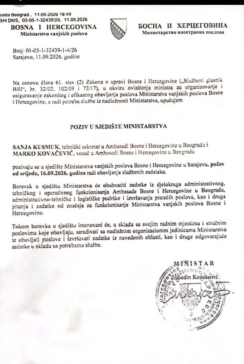IstragaB's tweet photo. Diplomatska “ofanziva” @DinoKonakovic  Iz Ambasade BiH u Beogradu opozvao vozača Ambasade i sekretaricu. Sve diplomate ostale https://t.co/y7C2JM4sL6