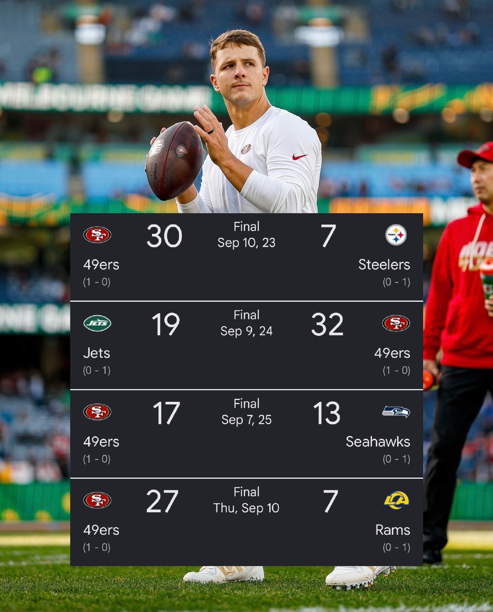 mattyac_'s tweet photo. Brock Purdy has never lost a week 1 game in his NFL career so far 😮‍💨 https://t.co/2WcIc5etuR