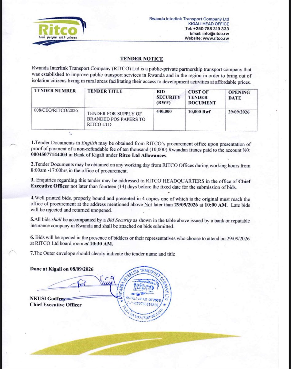 RitcoRwanda's tweet photo. Interested and eligible bidders are invited to review the tender requirements and submit their bids in accordance with the instructions provided in the tender documents. https://t.co/47umfmhNiu