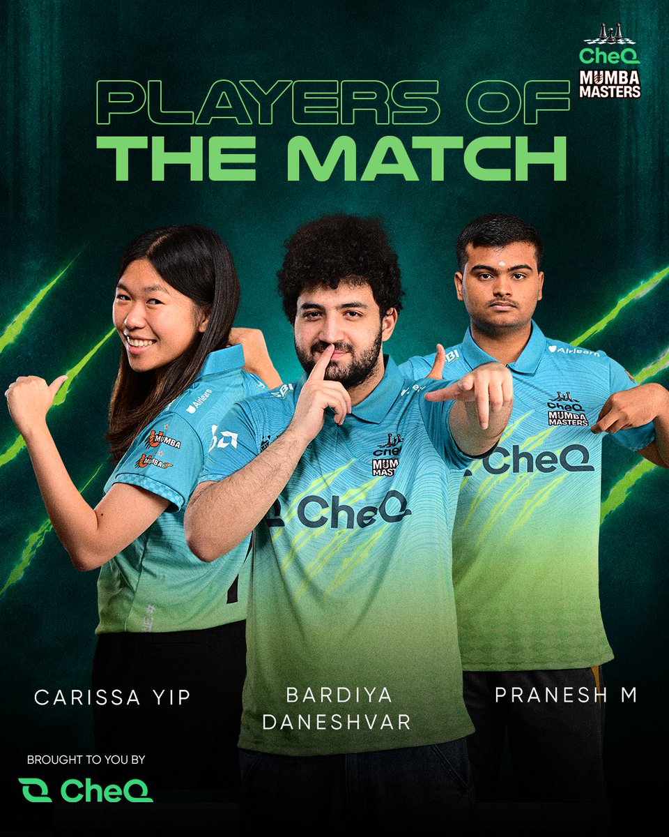 umumba's tweet photo. Three boards. Three standout performers. One memorable day for CheQ Mumba Masters. βοΈ
Carissa, Bardiya & Pranesh earned the Player of the Match honours for their outstanding contributions today.
#CheQMumbaMasters | #TechMGCL
@RonnieScrewvala @suhailchandhok https://t.co/mgkYLTIuNQ