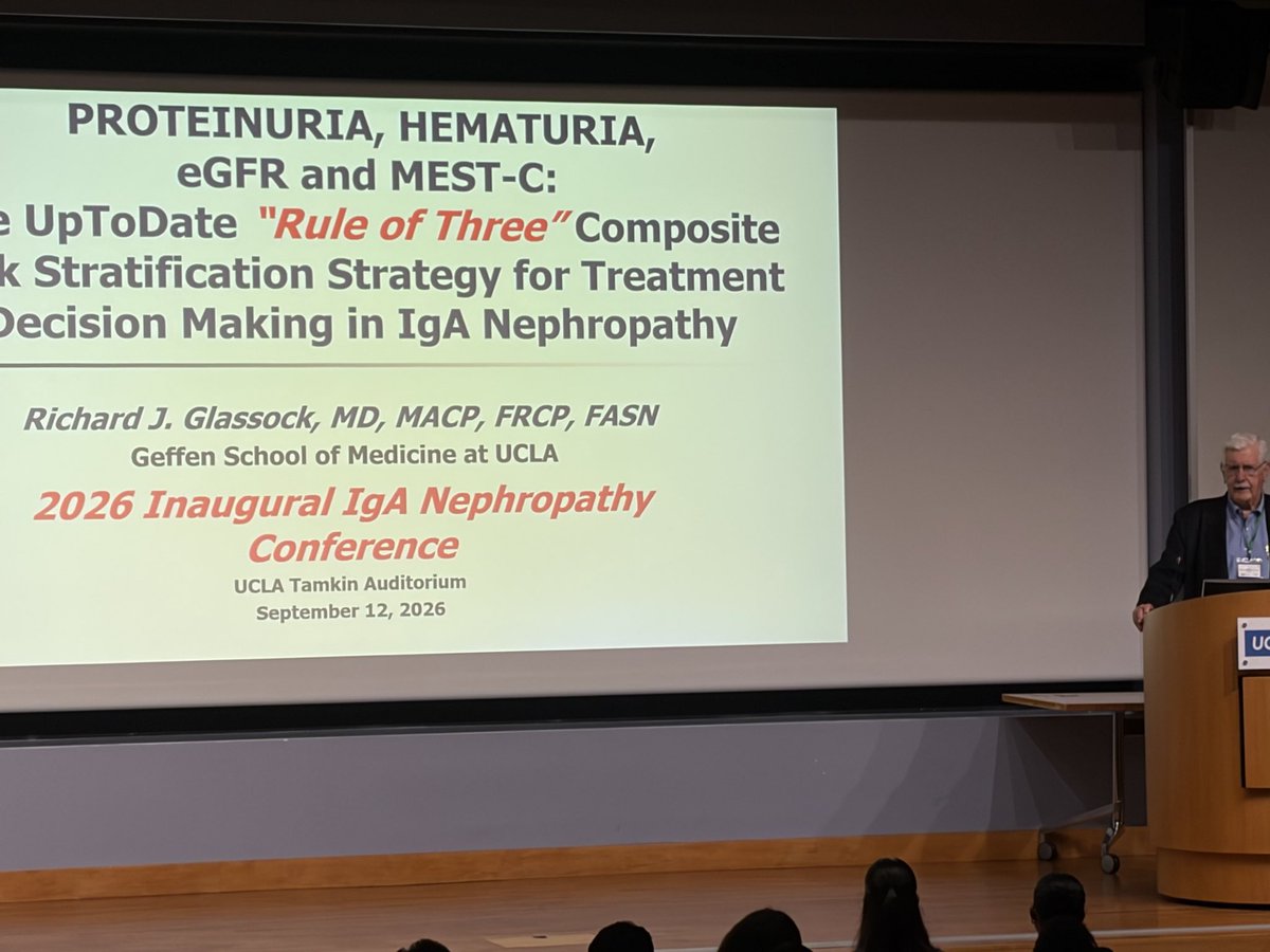 GaddyAnnaR's tweet photo. For the first time, @GlassockJ describes the rationale and clinical use of the UpToDate stratification of IgA nephropathy, The Rule of Three. @fervenzaf @core_kidney https://t.co/5xWLBYXzVr