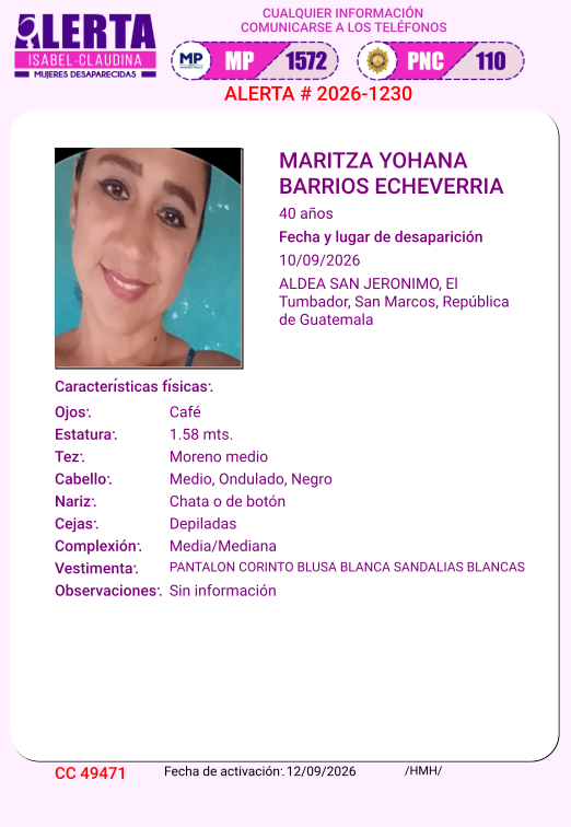 isabel_claudina's tweet photo. #AlertaIsabelClaudina
📷 Ayúdenos a encontrar a
MARITZA YOHANA BARRIOS ECHEVERRIA
Cualquier información comunicarse al teléfono  📷 1572
Gracias por difundir esta información📷 https://t.co/NCYd2pQtre