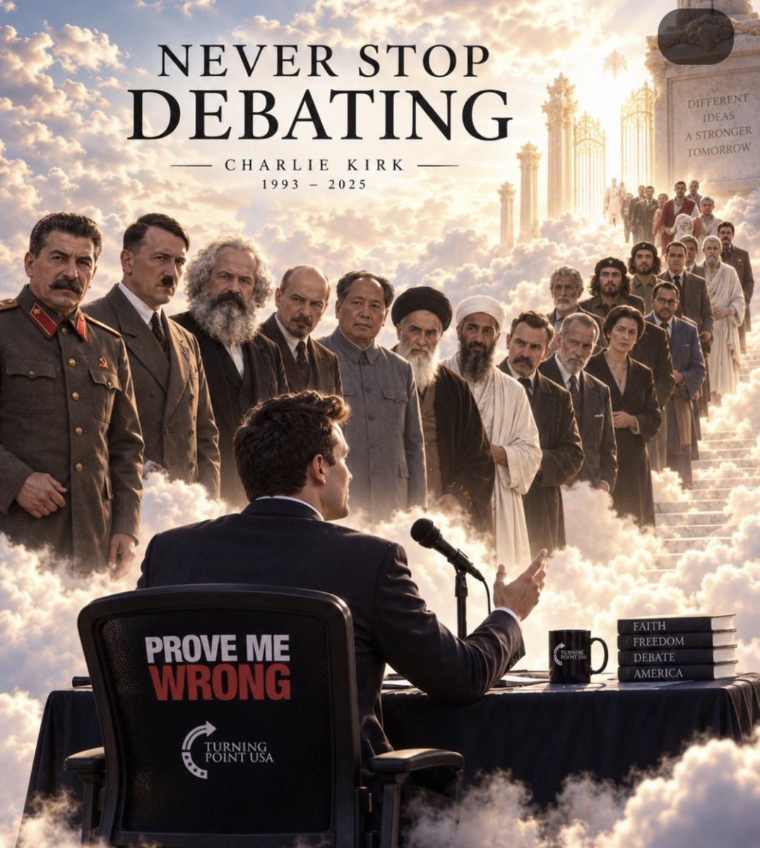 lkompowsky's tweet photo. Ah yes. The condescension of Hitler, Osama Bin Laden, Stalin, and (squinting)… Pontius Pilate FROM heaven to debate Charlie Kirk somewhere below. https://t.co/P74sCEVtmx