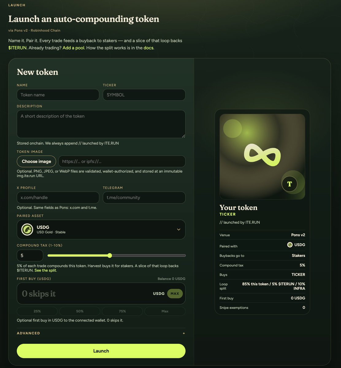 ite_run's tweet photo. https://t.co/4zKvRtsu8B is not only for $ITERUN.

Any Pons token can open a compound pool.
That gives holders a place to stake while trading activity routes into the vault.

The loop for projects:
trading activity
creator tax
harvest
market buy
vault
staked holders

Pons projects can turn volume into holder compounding.