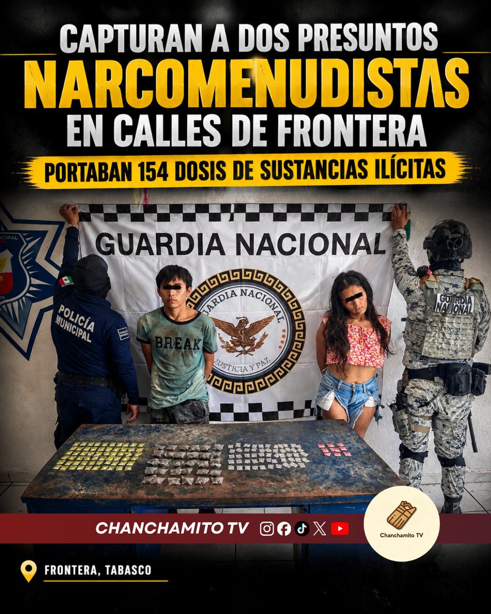 chanchamitoTV's tweet photo. 🚨👮‍♂️ Autoridades de seguridad detuvieron a un hombre y una mujer con 154 dosis de presunta droga en calles de Frontera, Centla. Los implicados quedaron a disposición ministerial.👇 #FronteraCentla #CentlaTabasco #SeguridadTabasco #NoticiasTabasco #Narcomenudeo #ChanchamitoTV https://t.co/25lKyIPqqt