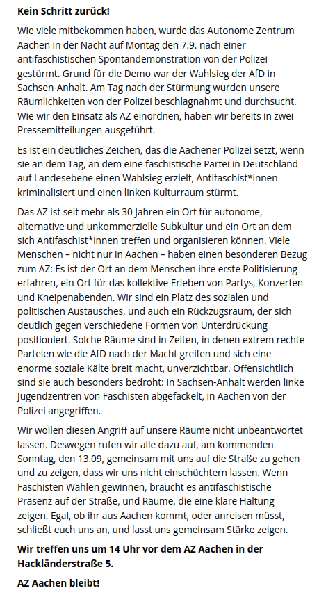AfaNord's tweet photo. In vorauseilendem Gehorsam einer nach der Macht greifenden #Neonazi-Partei ging das #Polizeiproblem NRW gegen eine Sponti wg. den Wahlen in #SachsenAnhalt vor & übte massive #Repression gegen das AZ #Aachen aus.
Demo: Kein Schritt zurück!
🏴13.9. 14:00 AZ Aachen!
#NoCops #NoAfD https://t.co/phNxnGUq2N