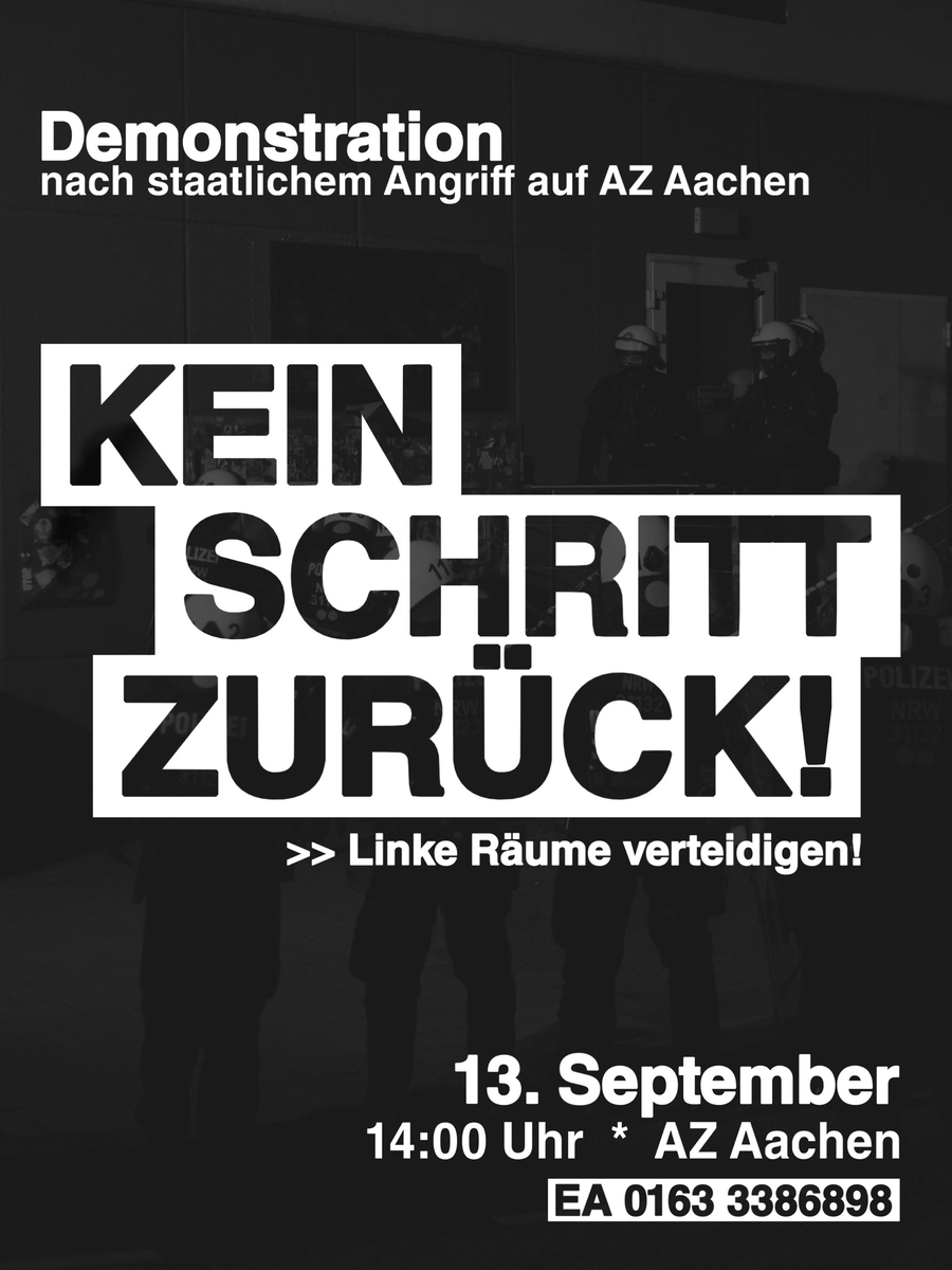 AfaNord's tweet photo. In vorauseilendem Gehorsam einer nach der Macht greifenden #Neonazi-Partei ging das #Polizeiproblem NRW gegen eine Sponti wg. den Wahlen in #SachsenAnhalt vor & übte massive #Repression gegen das AZ #Aachen aus.
Demo: Kein Schritt zurück!
🏴13.9. 14:00 AZ Aachen!
#NoCops #NoAfD https://t.co/phNxnGUq2N