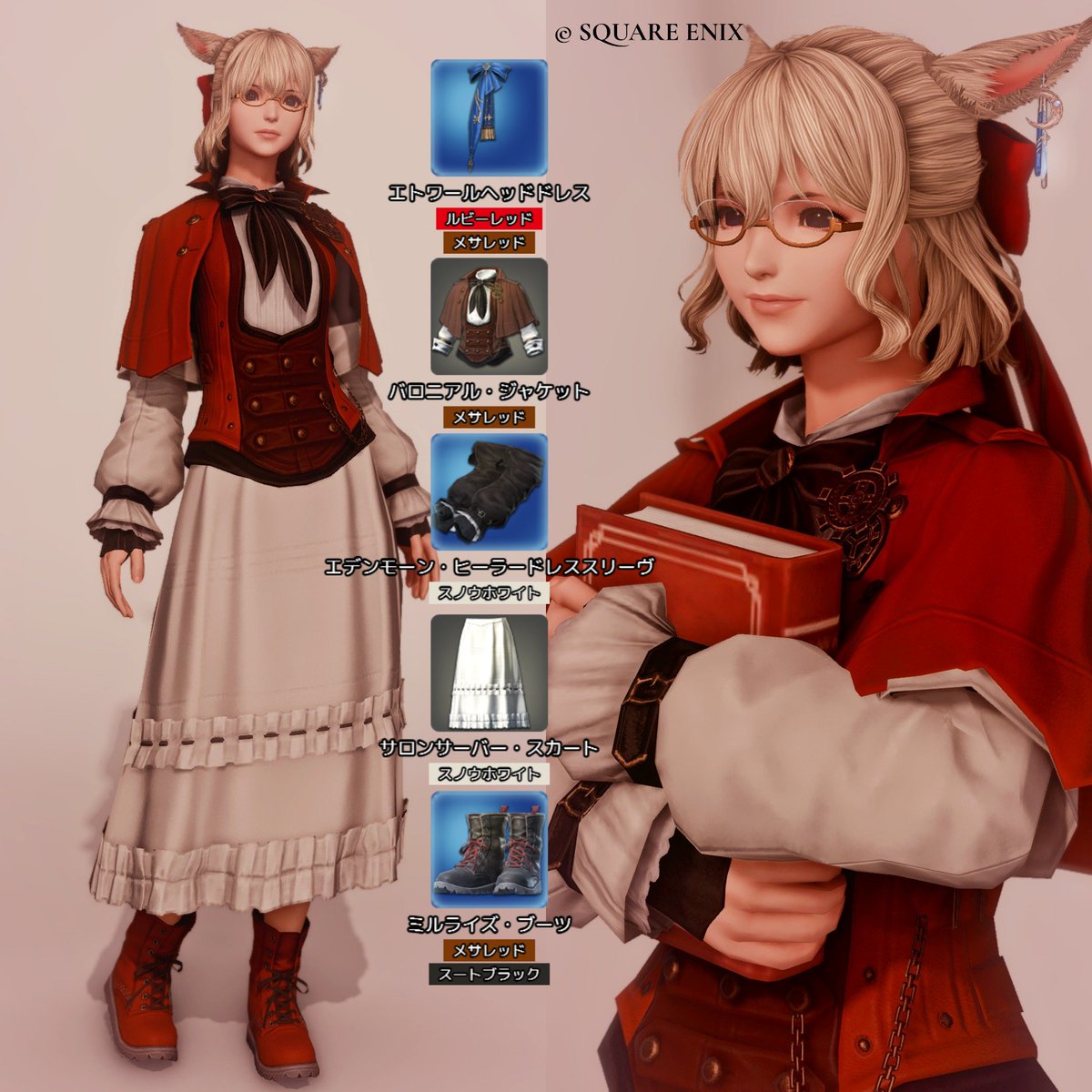 serene_ff14_'s tweet photo. #ミラプリアル #ミラプリレシピ
再現ミラプリNo.10

再現元は異国の旅人風だったけど、完成してみたら文学少女風になったけど、可愛いのでＯＫです。
カラーバリエーションもあるので、お好みのカラーにしてみてください https://t.co/Y2ylZnJF81