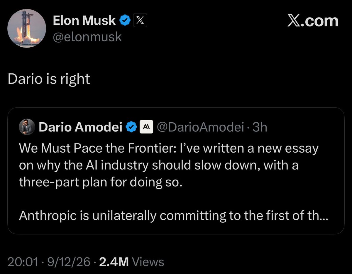 rynorhn's tweet photo. people having a crash out over elon and sam agreeing with dario need to understand that ai is going to be the biggest revolution in human history.

you don’t fuck around with the safety of something this powerful just because you want to win the race.

ai should move as fast as we can responsibly make it move.

but if capabilities are starting to outrun our ability to understand and control them, taking safety seriously isn’t “doomerism.”

it’s common fucking sense.

glad to see elon, sam and dario finally agree on this.