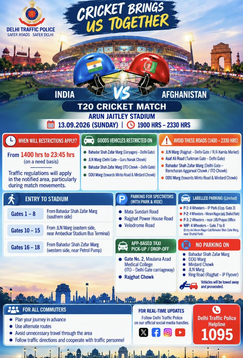 dtptraffic's tweet photo. 🚦 TRAFFIC ADVISORY | 13 SEPTEMBER

🚗 YOUR SUNDAY JOURNEY NEEDS A LITTLE PLANNING

🌍 BRICS Summit + 🏏 India vs Afghanistan T20
Two major events. Check before you move.

🌍 BRICS SUMMIT 
8 AM–8:00 PM
Traffic regulations will apply in the notified Controlled Area, particularly during dignitary movements.
🔎 Check Advisory: https://t.co/WX4bkk0SxB

🏏 INDIA 🇮🇳 vs AFGHANISTAN 🇦🇫
📍 Arun Jaitley Stadium | From 2:00 PM

🚧 Follow the attached Match-Day Diversion Plan
🚇 Prefer Metro | 🚘 Designated Parking | 🚕 Notified Cab Pick-up/Drop-off

⚠️ Not going to the match? Avoid the stadium area, wherever possible.

CHECK ADVISORY • PLAN ROUTE • KEEP EXTRA TIME • PREFER METRO

👮 Traffic personnel will be deployed to facilitate movement and minimise inconvenience.

📞 Helpline: 1095

PLAN BEFORE YOU MOVE
#DTP UPDATES
@PMOIndia
@HMOIndia
@LtGovDelhi
@CPDelhi
@CMODelhi
@DelhiPolice
@OfficialDMRC
@dtchq_delhi
@tweetndmc
@FBDPolice
@gurgaonpolice
@SonipatPolice
@jhajjarpolice
@ghaziabadpolice
@CP_Noida
@timesofindia
@the_hindu
@IndianExpress
@AmarUjalaNews
@NavbharatTimes
@Live_Hindustan
@TimesNow
@IndiaToday
@republic
@aajtak
@ZeeNews
@ndtvindia
@news24tvchannel
@ABPNews
@AAI_Official
@RedFMIndia
@bigfmindia
