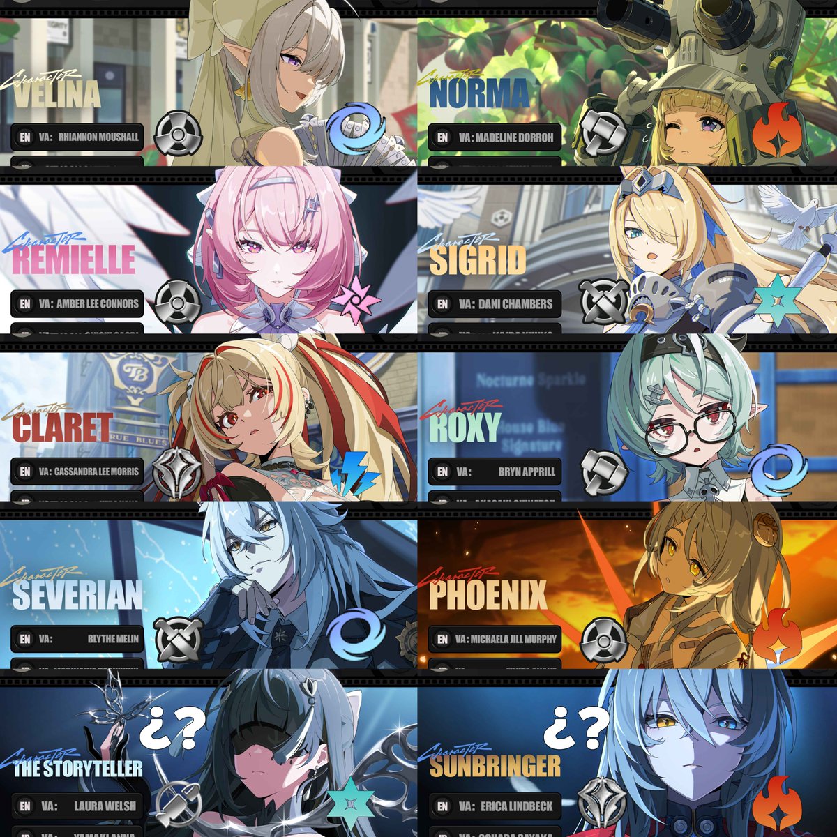 Ringuu_'s tweet photo. ELEMENTS & ROLS of nearly all the characters featured in the Season 3 trailer

- Obviously, the last two characters are my predicts (not 100% sure)

#ZenlessZoneZero #ゼンゼロ