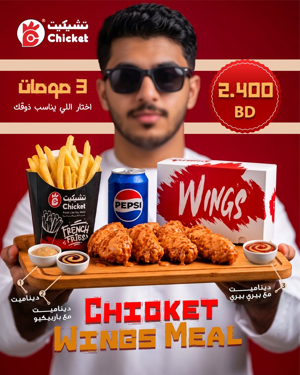 Chicketarabia1's tweet photo. ๐ฅ Warning: One bite is never enough! ๐๐
Craving the ultimate wings experience?
Enjoy the Chicket Wings Meal with 5 crispy wings, 3 sauces of your choice, fries, and a refreshing drink โ all for just BD 2.400!
..
..
#Chicket #Bahrain #Wings #Foodie #BahrainFood https://t.co/LE3DTsRI4v