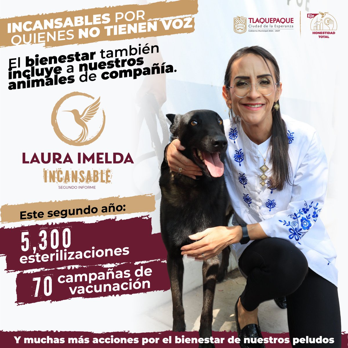 GobTlaquepaque's tweet photo. INCANSABLE POR QUIENES NO TIENEN VOZ
Proteger a nuestros animales de compañía es construir una comunidad más humana, responsable y solidaria.
Con atención veterinaria y previniendo el abandono impulsamos el bienestar animal.
#LauraImelda
#Incansable
#SegundoInforme https://t.co/a0jk6m2oyb