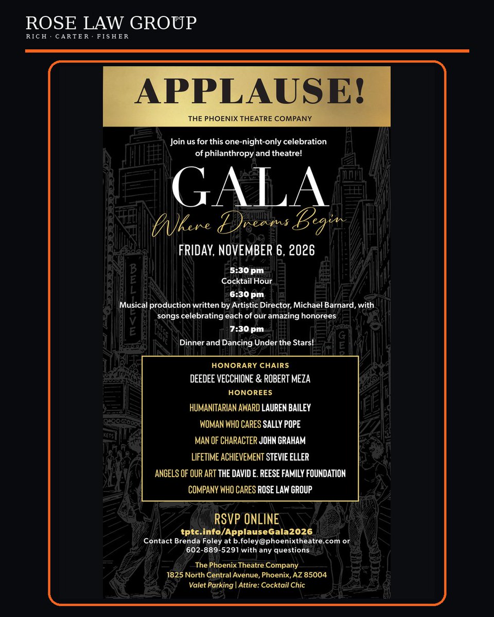 roselawgroup's tweet photo. We are honored to announce that Rose Law Group will receive The Phoenix Theatre Company’s “Company Who Cares” recognition at Applause! Gala 2026: Where Dreams Begin! 🎭 The gala will take place Nov. 6, at The Phoenix Theatre Company.
Learn more and RSVP: https://t.co/Vu2AXWZ0Lq https://t.co/eBKtcx7tih