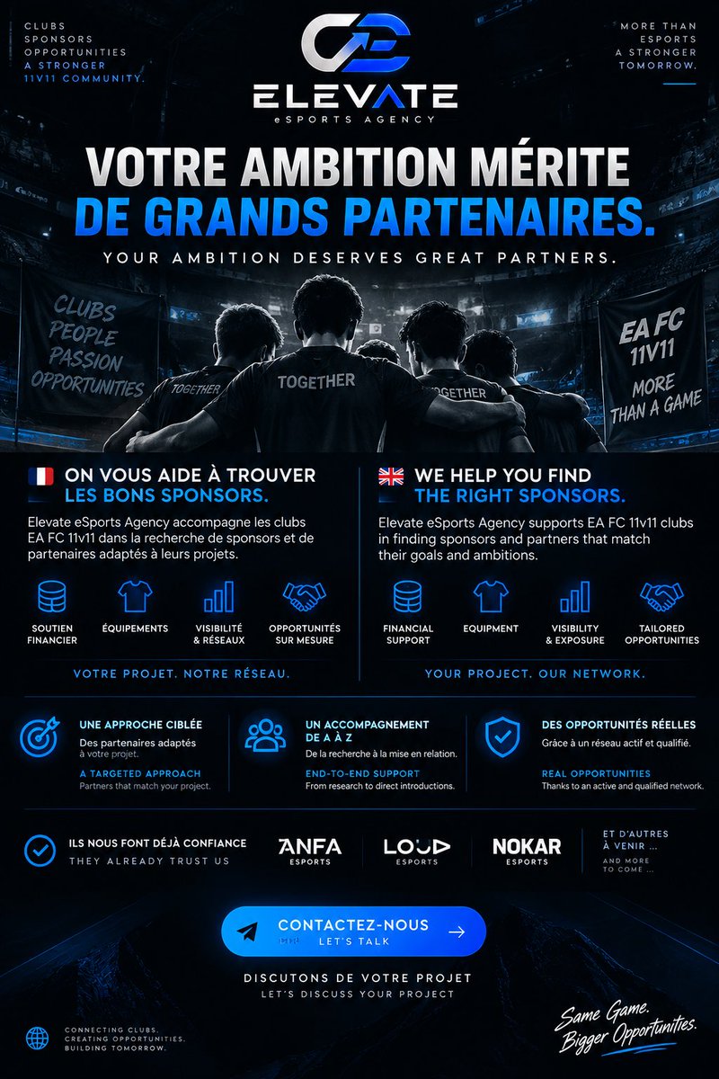 ElevateeSAgency's tweet photo. 𝐋𝐎𝐎𝐊𝐈𝐍𝐆 𝐅𝐎𝐑 𝐀 𝐒𝐏𝐎𝐍𝐒𝐎𝐑? 👀🤝

Elevate eSports Agency helps 𝐄𝐀 𝐅𝐂 𝟏𝟏𝐯𝟏𝟏 𝐜𝐥𝐮𝐛𝐬 connect with sponsors and partners that match their ambitions.
𝐘𝐨𝐮𝐫 𝐩𝐫𝐨𝐣𝐞𝐜𝐭. 𝐎𝐮𝐫 𝐧𝐞𝐭𝐰𝐨𝐫𝐤. 𝐍𝐞𝐰 𝐨𝐩𝐩𝐨𝐫𝐭𝐮𝐧𝐢𝐭𝐢𝐞𝐬. 🚀
📩 𝐃𝐌 𝐮𝐬 https://t.co/uvnWytfUgA