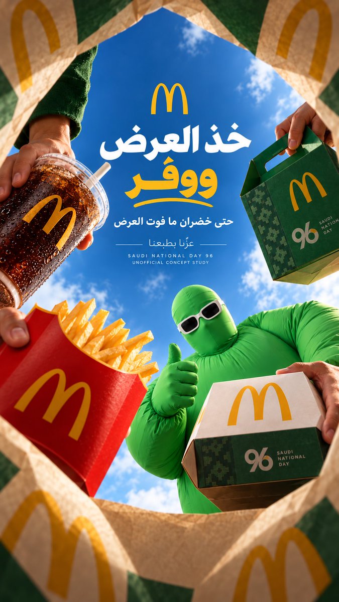 maryamaiwr's tweet photo. 01 — McDonald’s | 8/8. 

@McDonaldsKSA @McDonaldsKSA_WS وش رايكم؟ 👀💛
خلصت لكم 8 اتجاهات مختلفة لليوم الوطني 96
وكلها معمولة بالكامل باستخدام ChatGPT من الفكرة للتوجيه والتعديل

ايش رايكم يا حبيب الكل يااااا ماكو انتا 
McDonald’s ✅
واللي بعده؟ 👀
شفتو كيف وانا ادلعكم ماكو 😅

#نخليها_أخضر