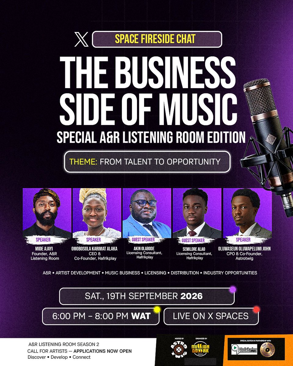 Astrotwig's tweet photo. Talent opens the door, but understanding the business keeps you in the room.

Join us on the 19th for an exclusive X Space Fireside Chat: The Business Side of Music — From Talent to Opportunity.
We’re breaking down A&R, sync licensing, distribution, and real industry pathways with:
🎙️ Mide Ajayi (Founder, A&R Listening Room)
🎙️ Omobosola Karimat Alaka (CEO, Hafrikplay)
🎙️ Akin Olabode & Semilore Alao (Licensing Consultants, Hafrikplay)
🎙️ Oluwaseun Oluwapelumi John (CPO & Co-Founder, Astrotwig)

🗓️ Sat. 19th Sept 2026
⏰ 6:00 PM – 8:00 PM WAT
📍 Live on X Spaces
Set your reminder below ⬇️ 
https://t.co/t6cgGYNWmx