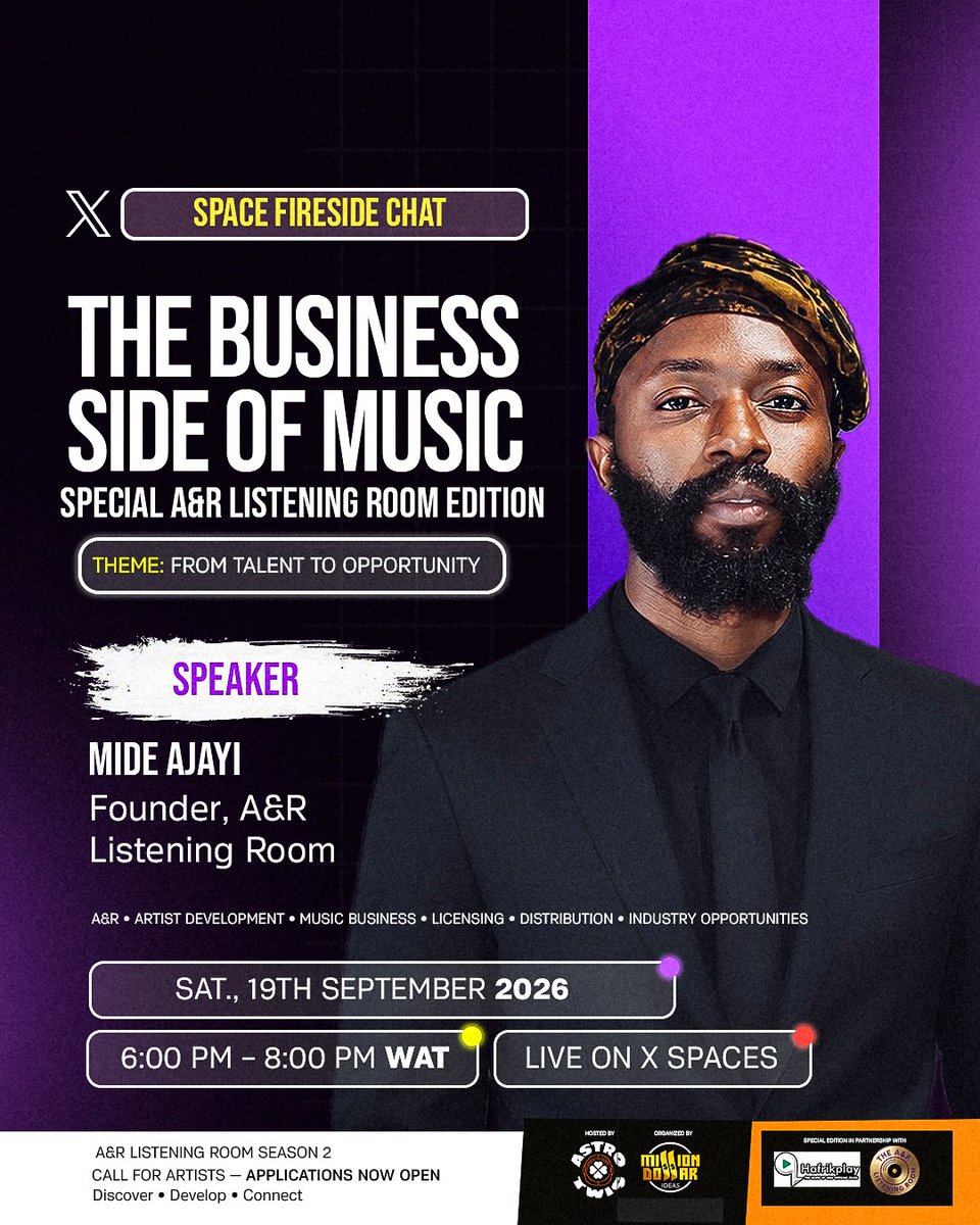 Astrotwig's tweet photo. Talent opens the door, but understanding the business keeps you in the room.

Join us on the 19th for an exclusive X Space Fireside Chat: The Business Side of Music — From Talent to Opportunity.
We’re breaking down A&R, sync licensing, distribution, and real industry pathways with:
🎙️ Mide Ajayi (Founder, A&R Listening Room)
🎙️ Omobosola Karimat Alaka (CEO, Hafrikplay)
🎙️ Akin Olabode & Semilore Alao (Licensing Consultants, Hafrikplay)
🎙️ Oluwaseun Oluwapelumi John (CPO & Co-Founder, Astrotwig)

🗓️ Sat. 19th Sept 2026
⏰ 6:00 PM – 8:00 PM WAT
📍 Live on X Spaces
Set your reminder below ⬇️ 
https://t.co/t6cgGYNWmx
