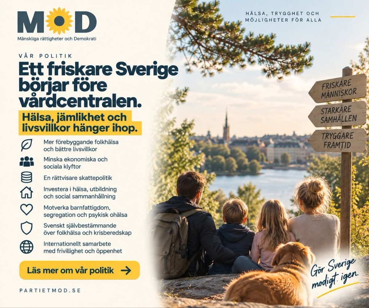 PartietMoD's tweet photo. 🌱 Ett friskare Sverige börjar före vårdcentralen.

Folkhälsa handlar inte bara om att behandla sjukdom. Den påverkas också av ekonomisk trygghet, stress, mat, gemenskap och människors möjlighet att forma sina egna liv.
MoD vill bygga ett samhälle där hälsa går före sjukdom, trygghet före stress och gemenskap före växande klyftor. 

MoD vill:
🌱 Satsa mer på förebyggande folkhälsa och bättre livsvillkor
🤝 Minska ekonomiska och sociala klyftor som bidrar till stress och ohälsa
💰 Sänka skatten på låga och normala arbetsinkomster och låta de största förmögenheterna och kapitalinkomsterna bidra mer
🏠 Investera långsiktigt i hälsa, utbildning, trygghet och social sammanhållning
❤️ Motverka barnfattigdom, segregation och psykisk ohälsa
🇸🇪 Behålla det demokratiska självbestämmandet över svensk folkhälsa och krisberedskap
🌍 Samarbeta internationellt om hälsa, men med frivillighet, öppenhet och respekt för nationellt självbestämmande. 

Ett samhälle blir inte friskare bara genom mer sjukvård. Vi behöver också bygga ett samhälle där färre människor blir sjuka från början.

👉 Läs hela MoDs politik om folkhälsa och jämlikhet:
https://t.co/5hpXBFBR1G 

📣 Tycker du att fler perspektiv behövs i samhällsdebatten? Dela gärna inlägget så att fler får ta del av vår politik.

🗳️ Har du redan förtidsröstat? Du kan ändra din röst genom att rösta på nytt i din vallokal på valdagen 13 september.

#MoD #Folkhälsa #Jämlikhet #FörebyggandeHälsa #Trygghet #Självbestämmande #Val2026