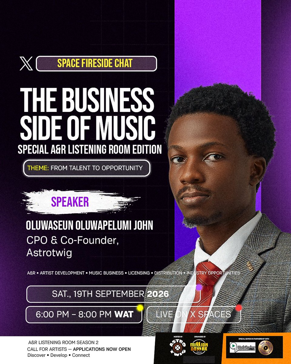 Astrotwig's tweet photo. Talent opens the door, but understanding the business keeps you in the room.

Join us on the 19th for an exclusive X Space Fireside Chat: The Business Side of Music — From Talent to Opportunity.
We’re breaking down A&R, sync licensing, distribution, and real industry pathways with:
🎙️ Mide Ajayi (Founder, A&R Listening Room)
🎙️ Omobosola Karimat Alaka (CEO, Hafrikplay)
🎙️ Akin Olabode & Semilore Alao (Licensing Consultants, Hafrikplay)
🎙️ Oluwaseun Oluwapelumi John (CPO & Co-Founder, Astrotwig)

🗓️ Sat. 19th Sept 2026
⏰ 6:00 PM – 8:00 PM WAT
📍 Live on X Spaces
Set your reminder below ⬇️ 
https://t.co/t6cgGYNWmx