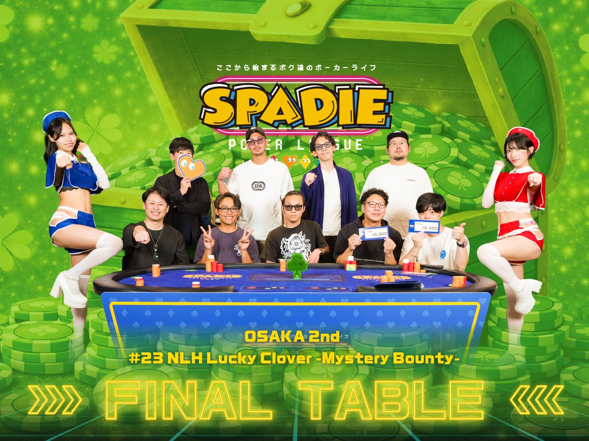 SPADIE_OSAKA's tweet photo. 【#23 NLH Lucky Clover -Mystery Bounty-】

ついにFTになりました！
見事勝ち残ったプレイヤーの皆様です。(敬称略)

1. HARIBO
2. TAKAYA
3. けんじ社長(@kenjipresident)
4. ゴロー
5. ノブナガ(@JumBlitZ)
6. sg3(@AlldeC5)
7. JJ_覚醒したイシツブテ(@JJ_ISHI)
8. カピバラ(@capypoker765)
9. ムーア

#SPADIEOSAKA
#ここから始まるボク達のポーカーライフ