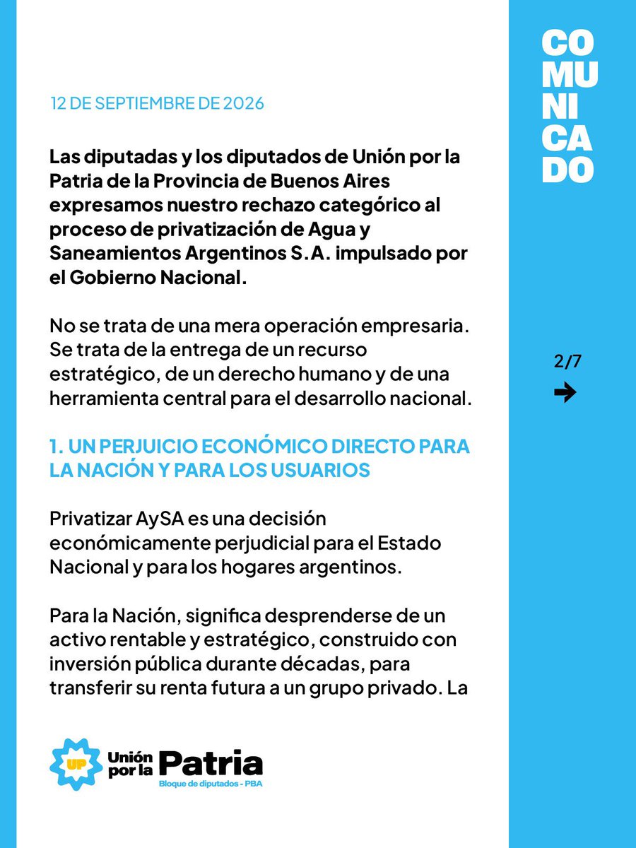 diputadosuxp_ba's tweet photo. Rechazamos la privatización de AySA: es un retroceso económico, social, ambiental y soberano.

La Argentina necesita más agua potable y más cloacas. No menos Estado. https://t.co/1czwyp5OFi