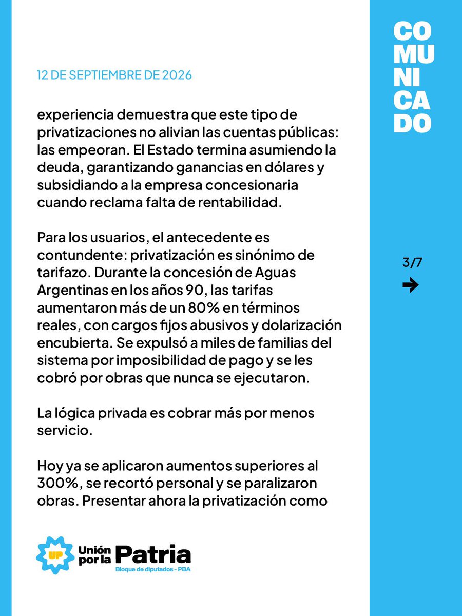 diputadosuxp_ba's tweet photo. Rechazamos la privatización de AySA: es un retroceso económico, social, ambiental y soberano.

La Argentina necesita más agua potable y más cloacas. No menos Estado. https://t.co/1czwyp5OFi