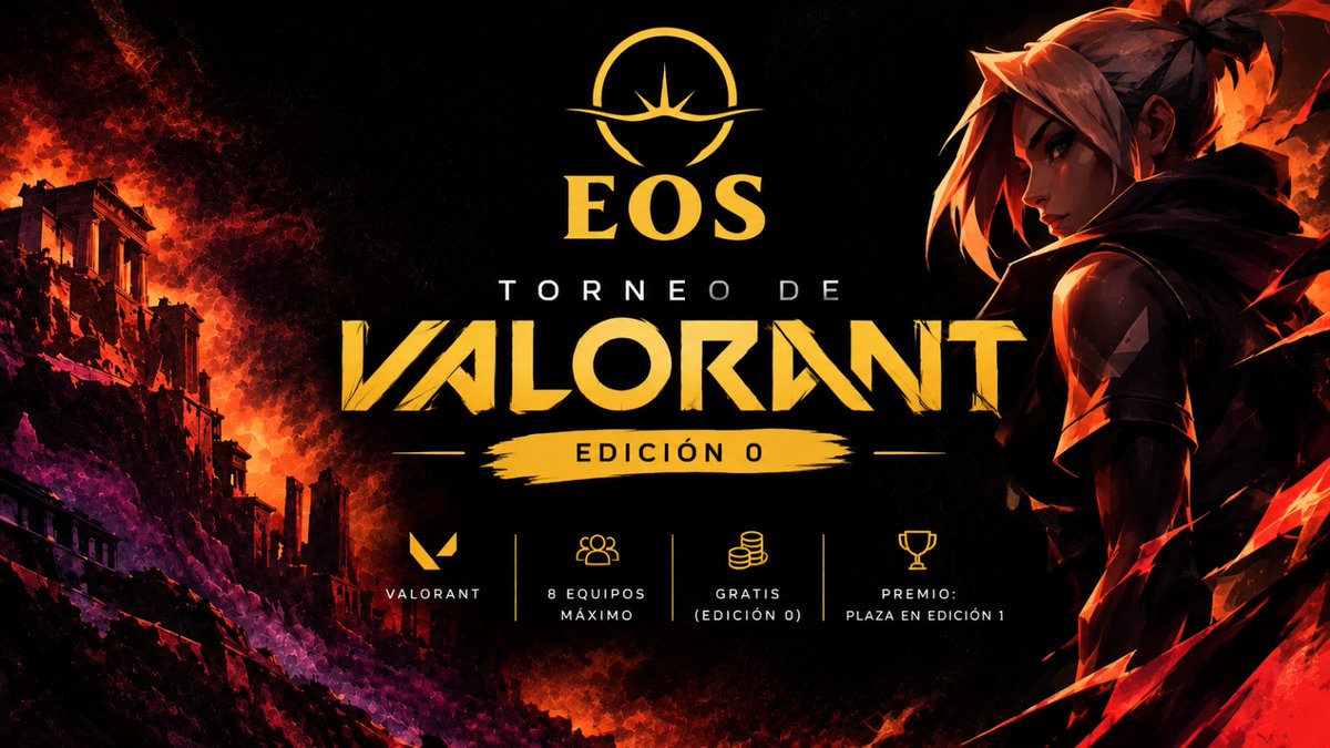 _E0Ss_'s tweet photo. El día 21 comienza oficialmente la EDICIÓN 0 de EOS Tournament 🎮🏆
⚔️ 8 equipos
💰 Inscripción GRATIS
🏆 El ganador consigue plaza para la Edición 1
¿Listos para demostrar ante los los dioses?👀🔥
📅 21 de septiembre — comienza la batalla.
#EOSTournament #VALORANT #VALORANTESP #Esports #TorneoValorant #Gaming