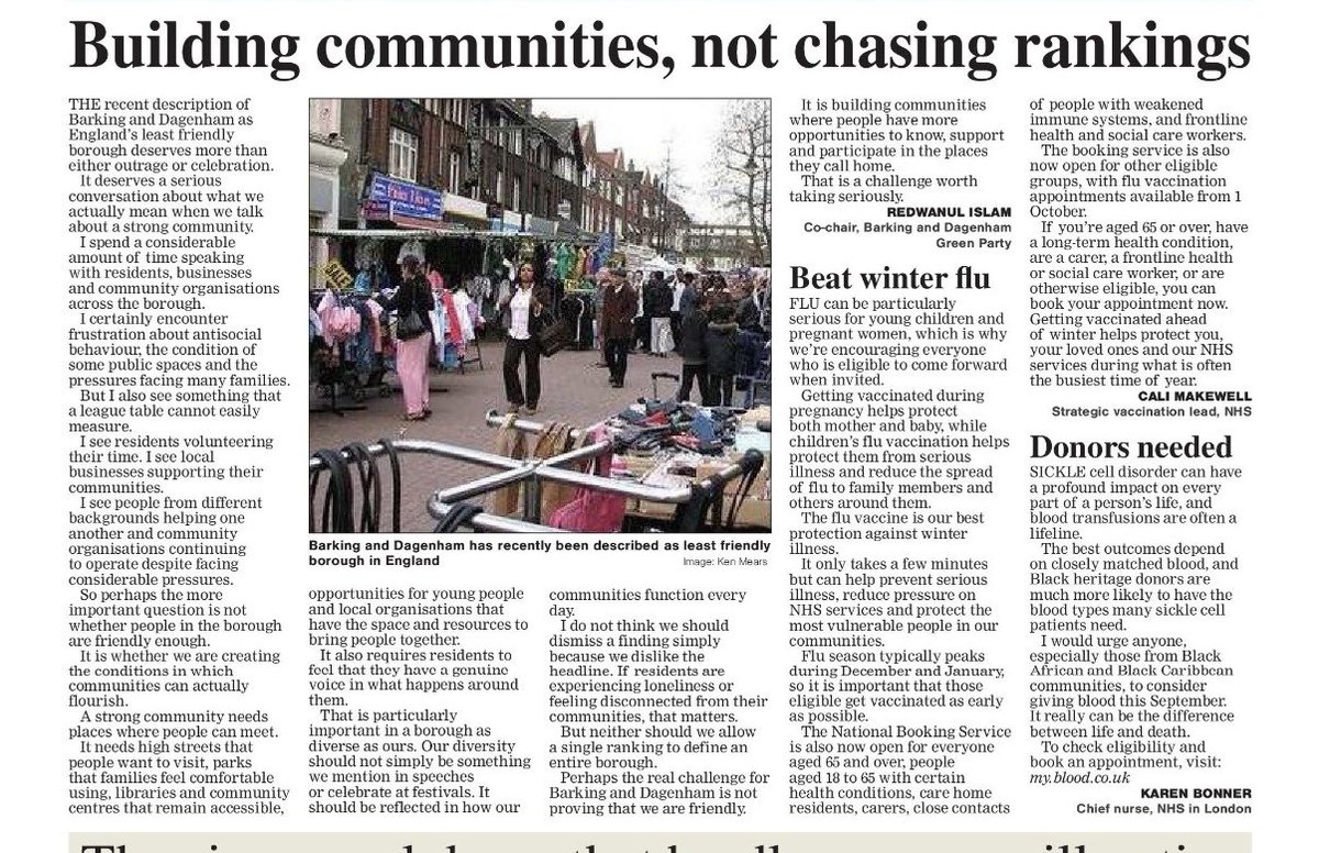 Redwan095's tweet photo. In this week’s Barking &amp; Dagenham Post, I have written about a rather uncomfortable question: are we really England’s least friendly borough, or are we measuring community in the wrong way?

I’d love to know what you think. https://t.co/VtIiNQPOTg