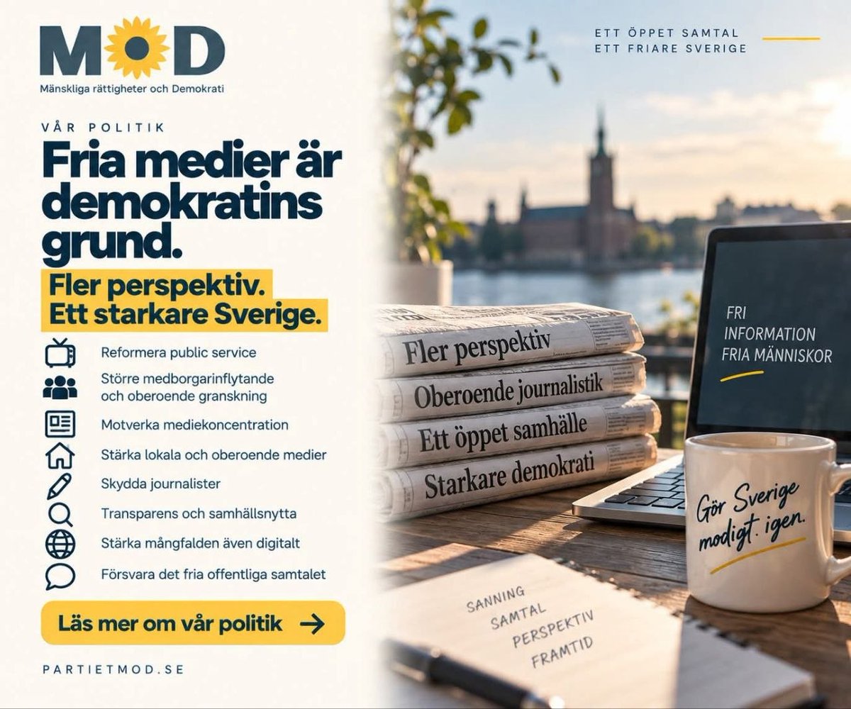 PartietMoD's tweet photo. 🗣️ Fria medier är demokratins grund.
Demokrati kräver mer än fria val. Den kräver människor som har tillgång till fri information, olika perspektiv och journalistik som vågar granska makten.

När medieägandet koncentreras och informationsflödet blir mer likriktat riskerar både samhällsdebatten och demokratin att försvagas.

MoD vill:
📺 Reformera public service för större opartiskhet, kvalitet och verklig mångfald av perspektiv
👥 Ge medborgarna större inflytande över public service och inrätta oberoende granskning med medborgarrepresentation
📰 Motverka mediekoncentration, karteller och dominerande ägarstrukturer
🏡 Stärka oberoende, lokala och ideella medier
✍️ Skydda journalister från politiska och kommersiella påtryckningar
🔍 Ställa tydliga krav på transparens och samhällsnytta när medier finansieras med offentliga pengar
🌐 Motverka informationsmonopol och stärka mångfalden även digitalt
🗣️ Skydda det fria offentliga samtalet i en tid av informationspåverkan och AI-genererad desinformation. 

Vi behöver inte färre perspektiv. Vi behöver fler.

Människor ska själva kunna ta del av olika källor, väga argument mot varandra och bilda sig en egen uppfattning.

Fri information. Fria medier. Fria människor.

👉 Läs hela MoDs politik om medier och yttrandefrihet:
https://t.co/ky87pnWeo1

📣 Hjälp oss nå fler före valet. Dela gärna inlägget med någon som också värnar fria medier, yttrandefrihet och ett öppet samhällssamtal.

🗳️ Har du redan förtidsröstat? Du kan ändra din röst genom att rösta på nytt i din vallokal på valdagen 13 september.

#MoD #Yttrandefrihet #FriaMedier #PublicService #Journalistik #Demokrati #Mediefrihet #Val2026