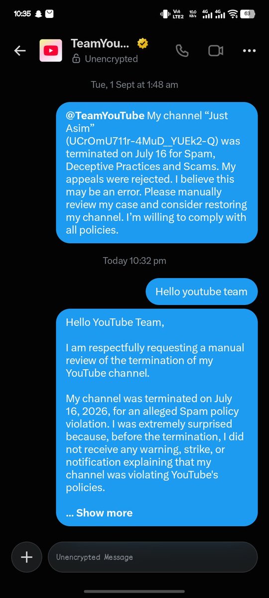 Asimem0n's tweet photo. @TeamYouTube I I’ve been trying to reach you regarding my terminated channel, but I haven’t received a response to my DMs. My channel was terminated for alleged Spam/Deceptive Practices, and I believe this may be an error. Please review my case and help me. 🙏 https://t.co/pGWe9yHrGa