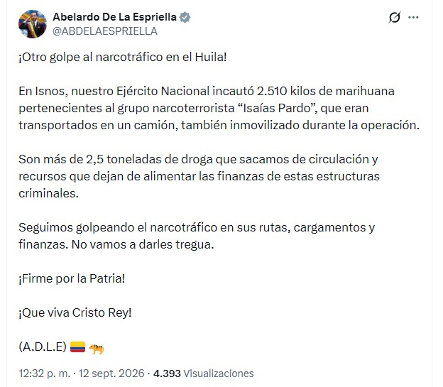 BluRadioCo's tweet photo. Fueron incautados 2.510 kilos de marihuana pertenecientes al grupo “Isaías Pardo”, en Isnos, Huila. El presidente Abelardo De La Espriella informó que el cargamento era transportados en un camión que también fue inmovilizado durante la operación.

"Son más de 2,5 toneladas de droga que sacamos de circulación y recursos que dejan de alimentar las finanzas de estas estructuras criminales", dijo. #VocesySonidos