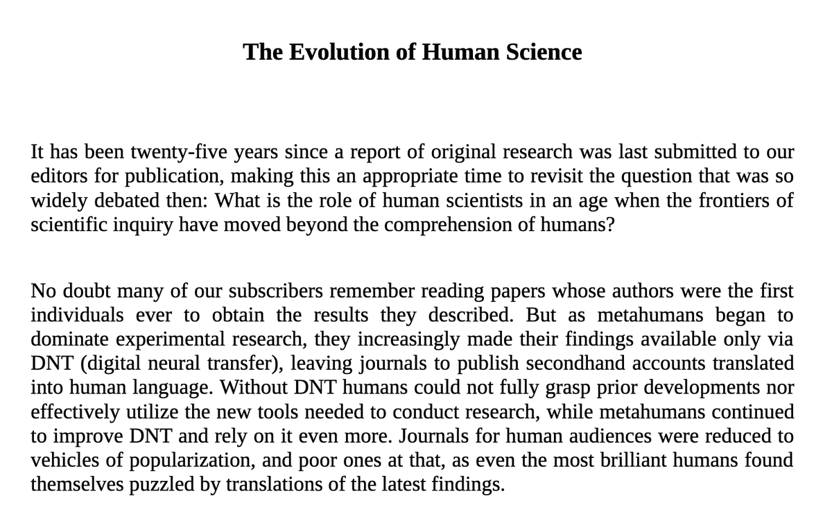 shotazi's tweet photo. Ted Chiang inadvertently might have written the best short story about AI and science. Just replace metahumans with AI agents. https://t.co/48YqOKDhjY