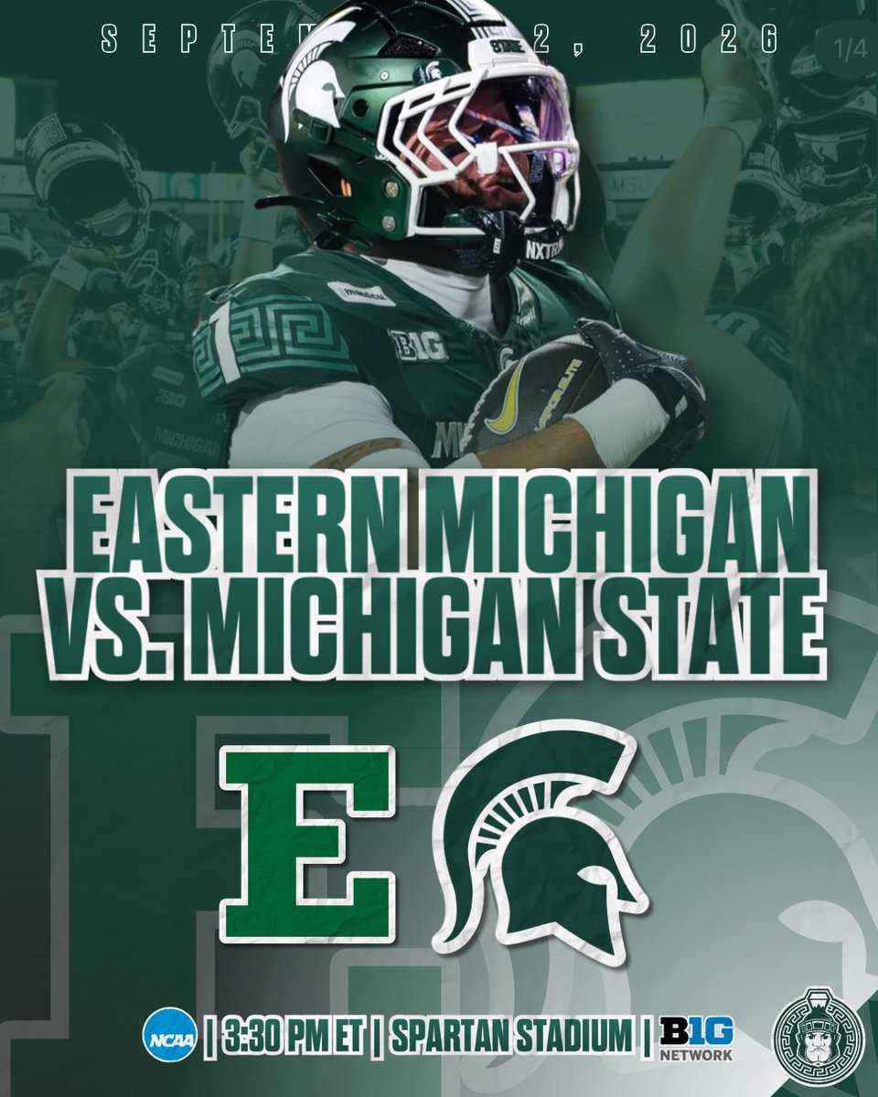 TMSNXELansing's tweet photo. IN-STATE GAME DAY 🏈

🦅 Eastern Michigan: 1-1
🟢 Michigan State: 1-0
📍 Spartan Stadium
⏰ 3:30 p.m. ET
📺 Big Ten Network

Former MSU QB Noah Kim returns to East Lansing with the Eagles.

Score predictions? 👇

#GoGreen #MSUFootball https://t.co/aUA4gBpcSP