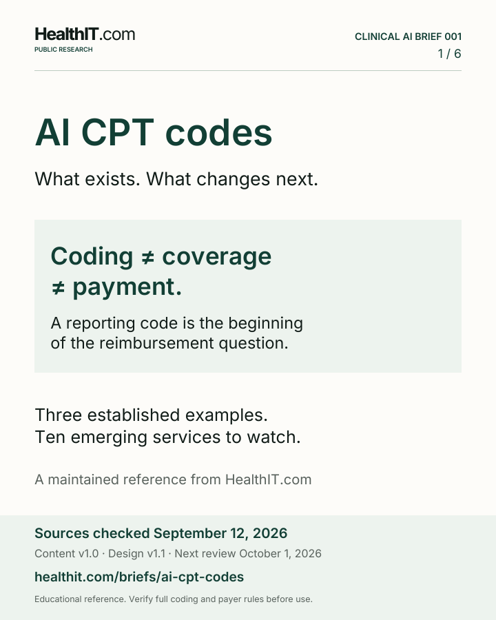 nexgenprecision's tweet photo. AI has CPT codes. Coding ≠ coverage ≠ payment.

Introducing https://t.co/G3pnuwNIbg: AI vendor research and sourced briefs to support better decisions for patients and clinicians.

Read the free CPT Brief or request updates:
https://t.co/Mn4nGO1RQQ

#HealthcareAI https://t.co/AcXrbY4Z7Z
