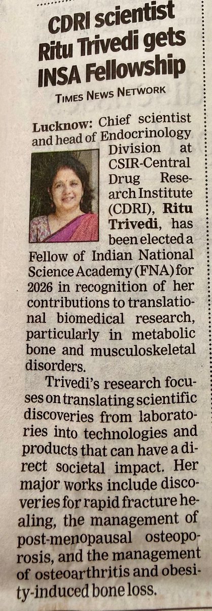 drindreshshukla's tweet photo. Heartiest congratulations to Dr. Ritu Trivedi, Chief Scientist at CSIR-CDRI, Lucknow, on being elected Fellow of the Indian National Science Academy (FNA) for 2026.

A proud moment for Indian science! https://t.co/jOEtrUu7cw