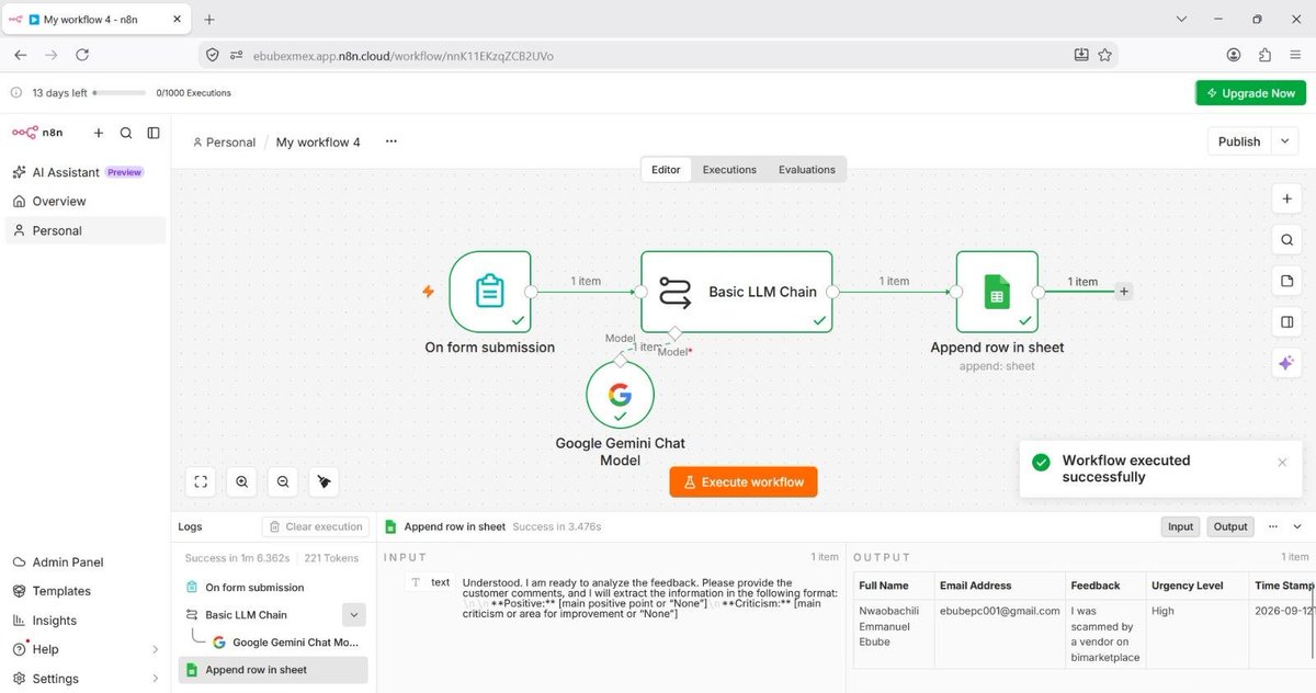 Nwaobachilyp's tweet photo. Day 5 task completed @HavilahAcademy
Built a Bi-Marketplace Customer Complaint Report using n8n + AI.
Learning how AI + automation can turn raw customer feedback into actionable data. ⚡ https://t.co/HPEH5nlW6E