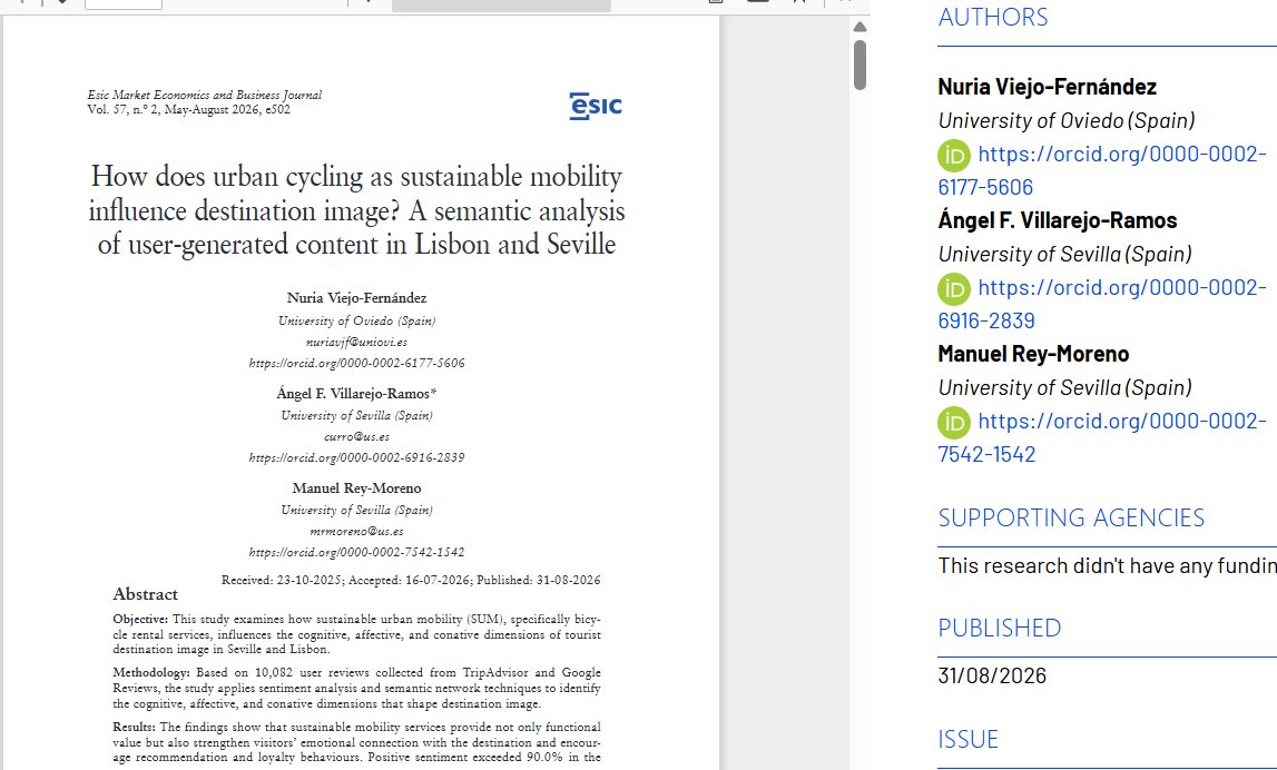 currovillarejo's tweet photo. Muy feliz con esta publicación en coautoría con @NuriaVjf y @ManuReyHijo que abre una nueva línea de investigación en la @CatedraMetropol
OpenAccess 👇https://t.co/djFeXq8wBu
DOI: 10.7200/esicm.57.502
#UserGeneratedContent #DestinationImage #SentimentalAnalysis #Tourism https://t.co/4ng2JSb2qR