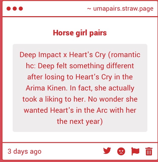 umapairs's tweet photo. Today’s third ship is Deep Impact x Heart’s Cry!
Headcanon in images.
Extra (from 🌙): Neither of these horses are in Uma Musume.
#DeepImpact #HeartsCry https://t.co/UP2v5KVXmO