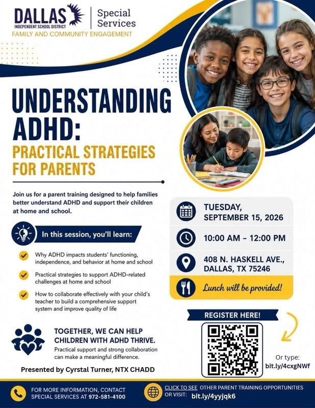 KnightDISD's tweet photo. Parents, if you’re interested in learning about ADHD and strategies to support your child, please register for this workshop. Lunch will be provided.
📆 September, 15, 2026
🕙 10:00 am
🏢 Haskell Training Room
📍 408 N. Haskell Ave., Dallas 75246 https://t.co/GPuItM93Ew
