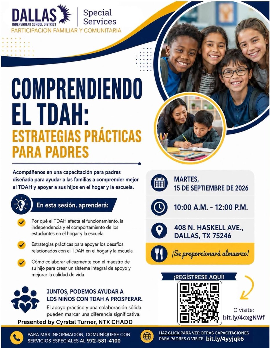 KnightDISD's tweet photo. Parents, if you’re interested in learning about ADHD and strategies to support your child, please register for this workshop. Lunch will be provided.
📆 September, 15, 2026
🕙 10:00 am
🏢 Haskell Training Room
📍 408 N. Haskell Ave., Dallas 75246 https://t.co/GPuItM93Ew
