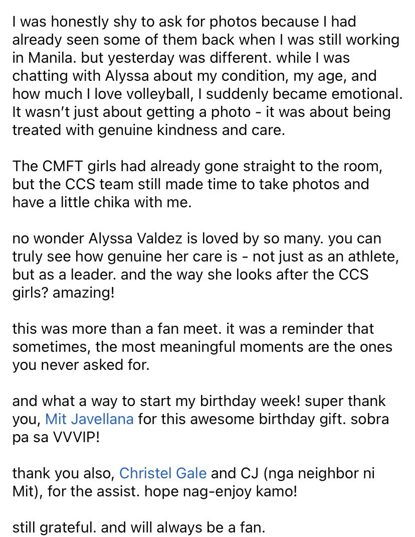 AlyssaVldz29's tweet photo. You never fail to amaze me with your humility every single time. Siya pa nag request nag mag photo opp with the fan.She leads by example🫡

Alyssa gathered the CCS ladies, waved at me, and even signalled, "Wait lang."

“it was about being treated with genuine kindness and care” https://t.co/XJcSMlZvyP