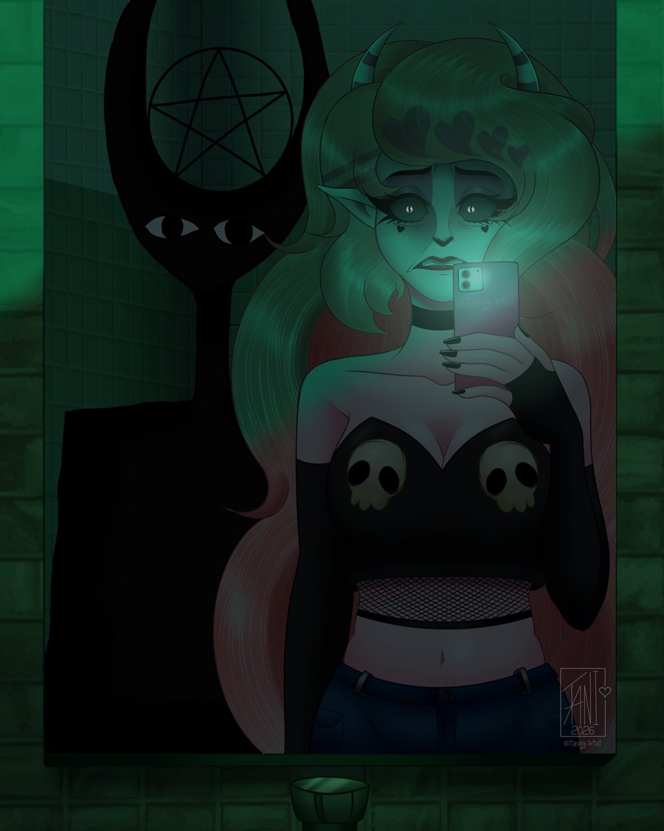 TaniGGArtist's tweet photo. —¿Quién está ahí?… De la mano del artista @fanluz_bernaby &amp; la mía, les traemos este dibujo con nuestros OC's en una situación creepy 👁️🩻🪞🕯️
•
#art #oc #ocart #creepy #horror #analoghorror #DemonGirl https://t.co/1CPJBmaD2o