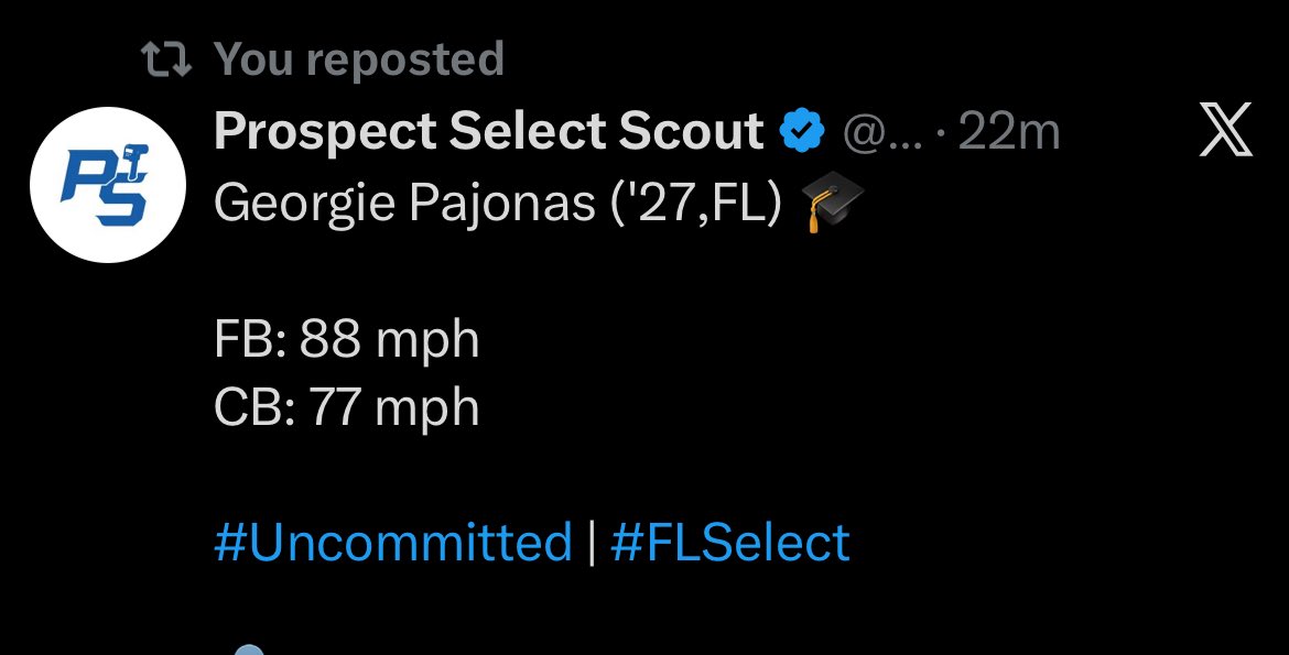GeorgePajonas2's tweet photo. Appreciate @PSBaseballScout for the coverage!

2027 RHP | Lake Mary HS
#Uncommitted https://t.co/eFNR3iVyXn
