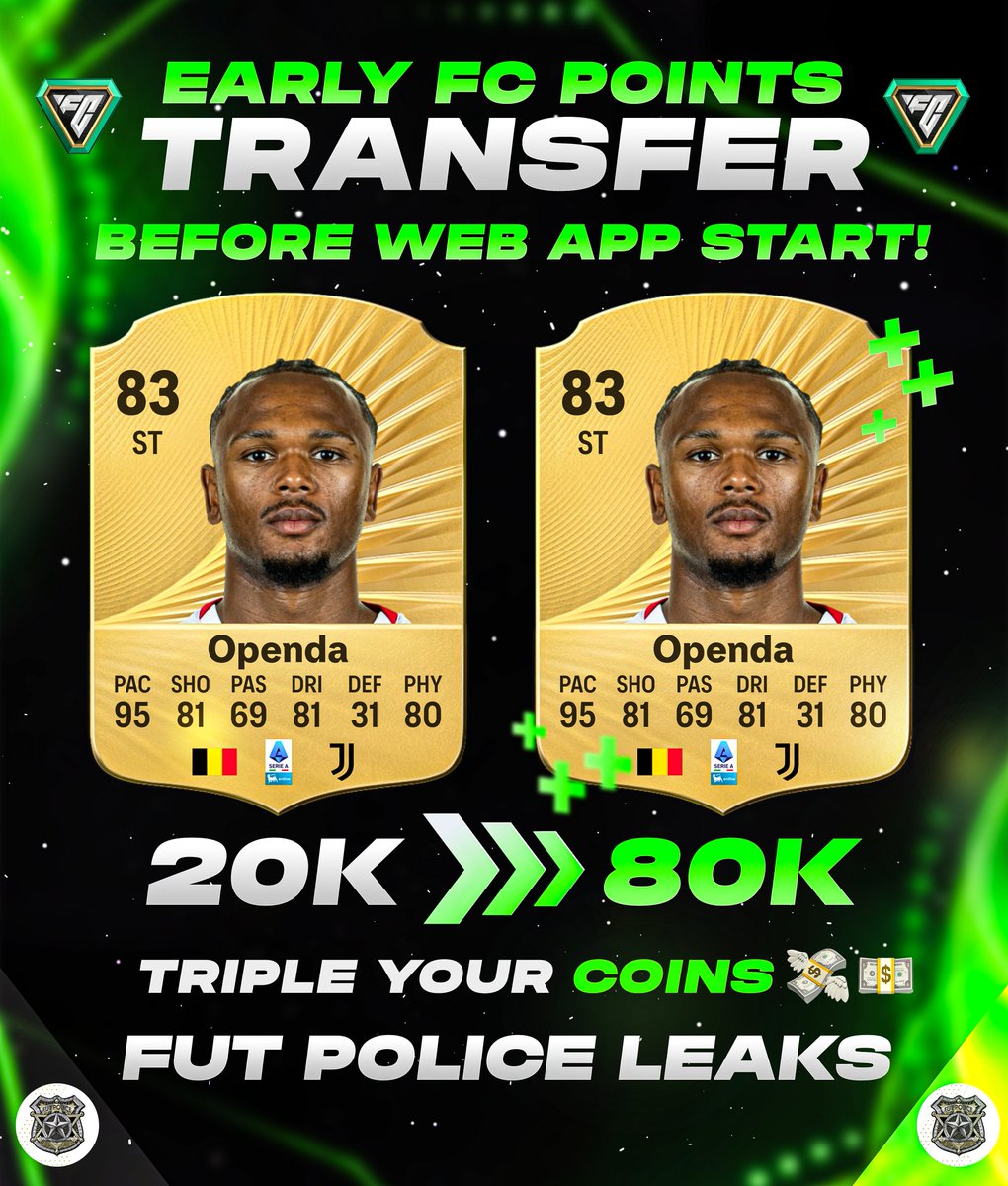 FutPoliceLeaks's tweet photo. 🚨 We take orders for FC26 → FC27 Points Transfer 

The advantage you get is insane 🤯🤯

✅ You can open the packs before others 
✅ Buy meta players when they are cheap during webapp
✅ Double/Triple your coins when everyone get into the game 

Price: 50£/60€ (available only on PS so far)

‼️ SPOTS ARE LIMITED

🚨 How we take the orders:

✅ Trading discord members have priority + You get a Full Guide on what to Keep/Sell/Discard/Buy during webapp and early release 
✅ For Year Membership ➡️ DM @futcommander1 
✅ For Monthly Membership ➡️ https://t.co/jSrvGhLtyk

‼️ All the details on how to get the FC26 → FC27 Points Transfer are on discord in updates section 🫡

‼️ If you are not a member of the Trading Discord you can order at @FutPoliceCoins starting with Monday if is not sold out (right now we take orders only for discord members)  🫡