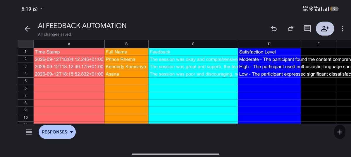 princerhema1107's tweet photo. Day 5 Of My internship At Havilah Academy 
Built a quick n8n workflow today that saves me from reading through form responses. Whenever someone submits feedback,it runs through Gemini to gauge how satisfied they were and drops the takeaway into a Google Sheet. @HavilahAcademy https://t.co/vJ73XzRc26