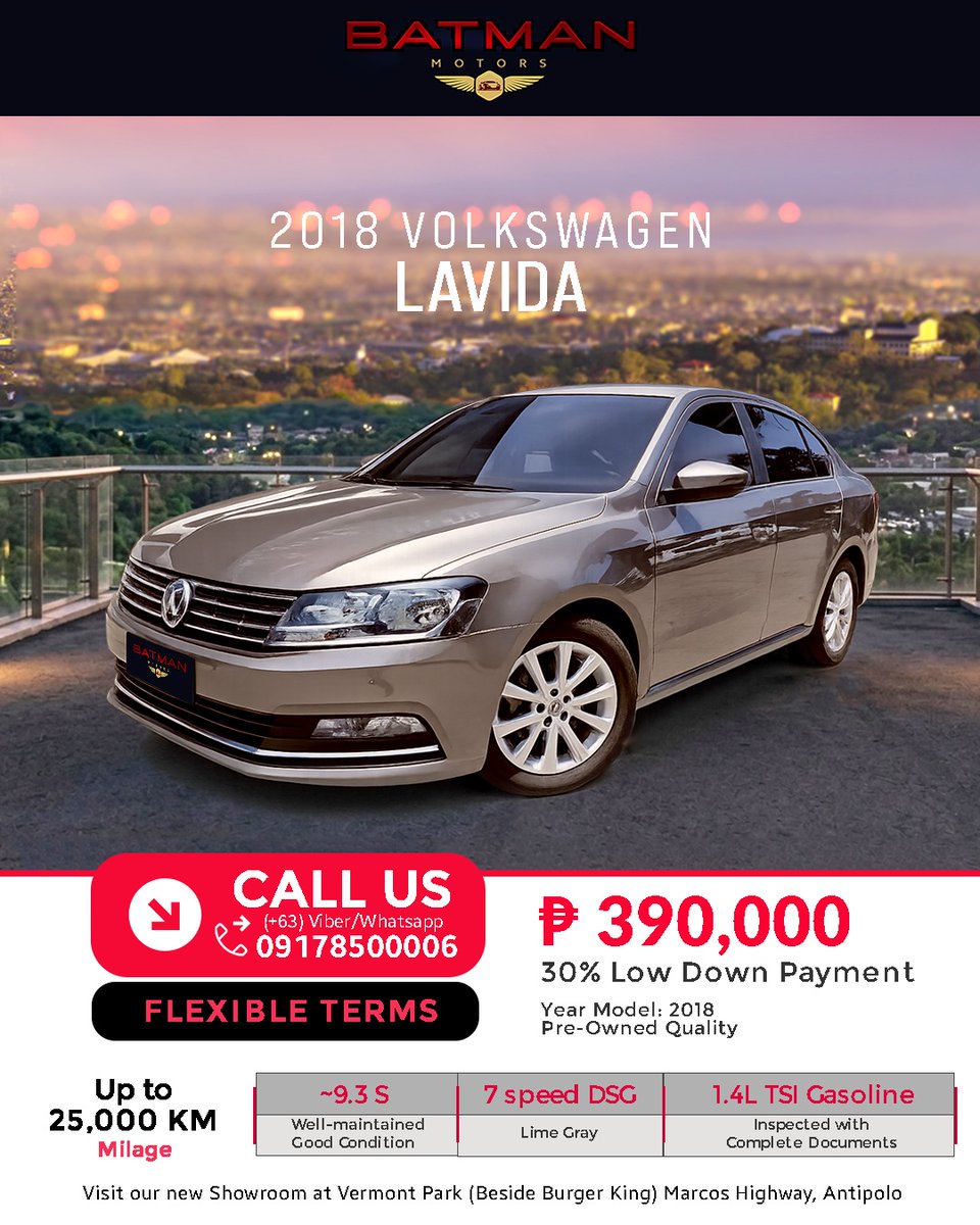 TrangRapkiimna's tweet photo. 2018 Volkswagen Lavida 1. 4 TSI: German-engineered comfort, efficiency, and turbocharged performance. 128 HP, 7-speed DSG, 20 km/L highway economy, refined ride, spacious trunk, and executive sedan practicality. https://t.co/ynnMaer7MV