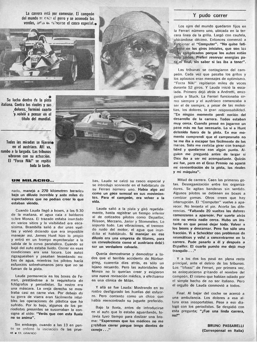 PatoG82's tweet photo. 🖇️ En esta carrera volvía a correr Niki Lauda 💪 luego del terrible accidente ocurrido en Nürburgring 42 días antes.
UN MILAGRO LLAMADO NIKI LAUDA
📝 Revista El Gráfico
#NikiLauda https://t.co/13soLMhh9X