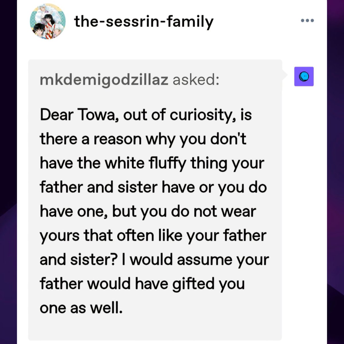 EternitySessrin's tweet photo. #sessrin #sesshomaru #rin #yashahime #inuyasha #Towa #Setsuna
꧁Sessrin Family Blog꧂
Asks 24
mkdemigodzillaz is curious on the idea does Towa own the Mokomoko like her Father and Setsuna does, she does but she wears it on special occasions, baby girl prefers to dress edgy 1/3 https://t.co/FZJbRBbNlz